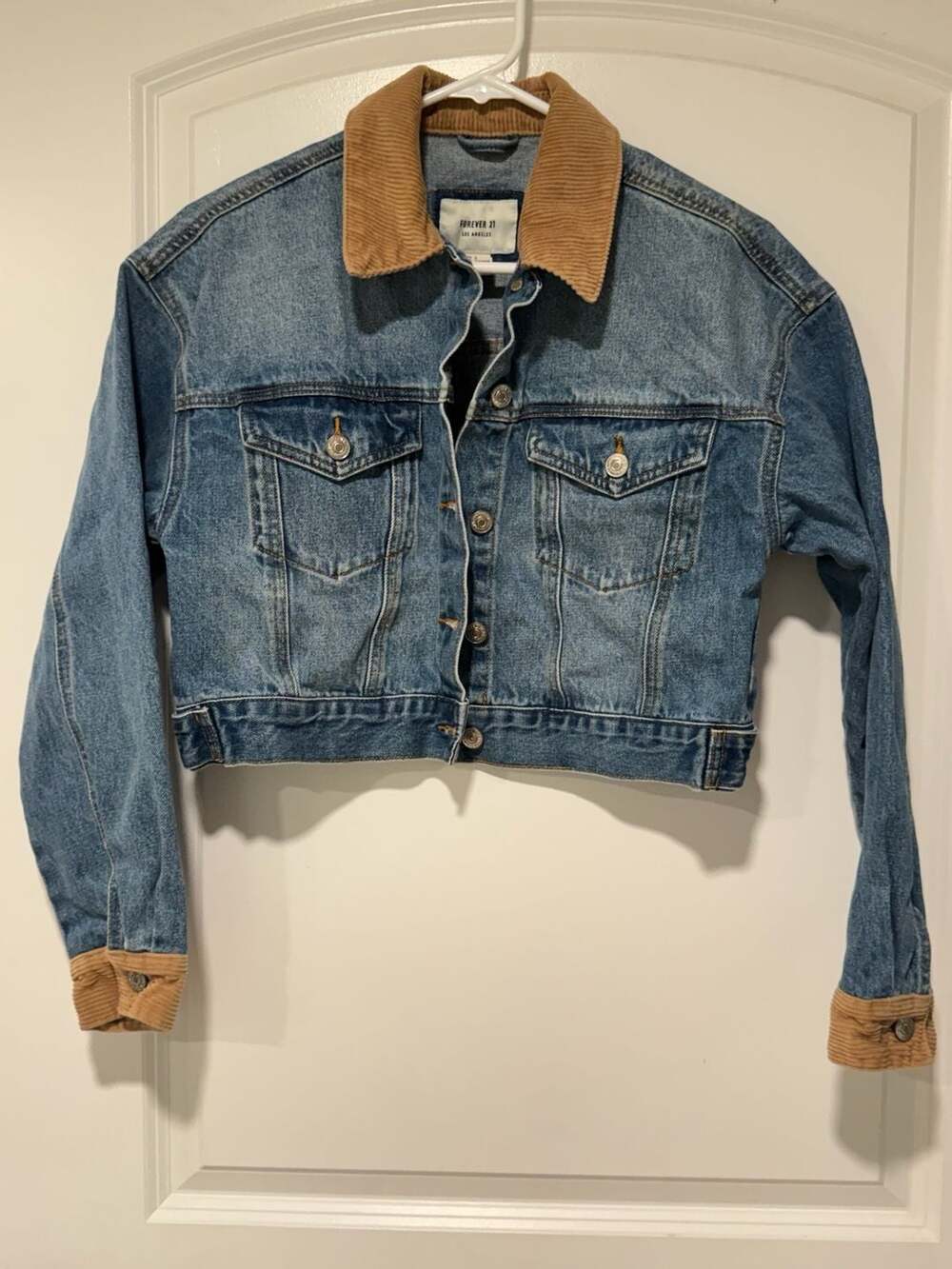 Y2K Cropped Denim Trucker Jacket Corduroy Collar Fall Grunge Size Small